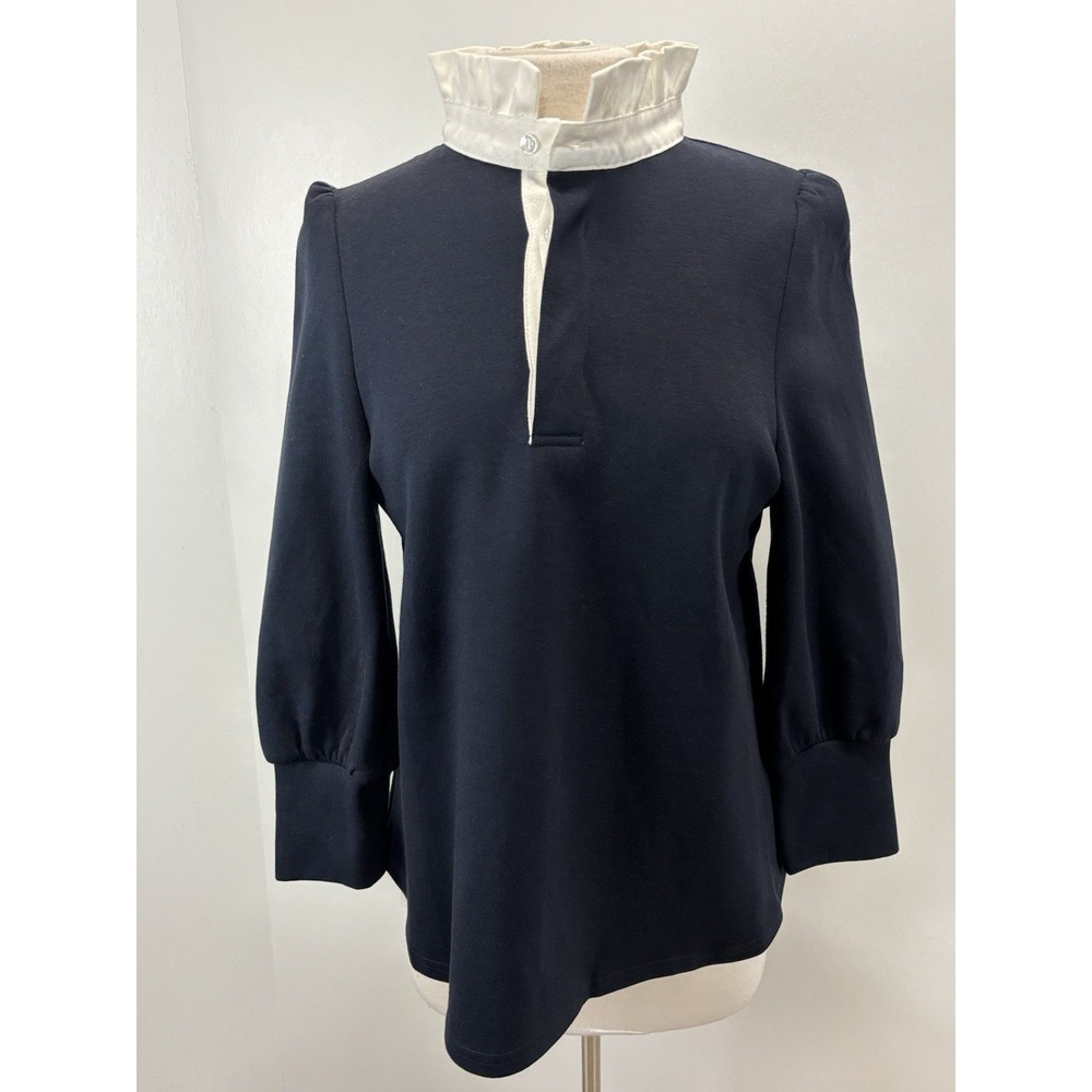 Pomander Place Tuckernuck Navy Blue White Ruffle Collar Charlotte Terry Top XS